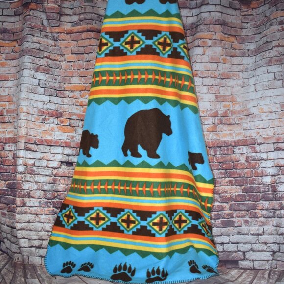 St Labre Indian School Blanket Blue Brown Bear NWOT Southwestern Throw 61X40 Vtg - Picture 1 of 8